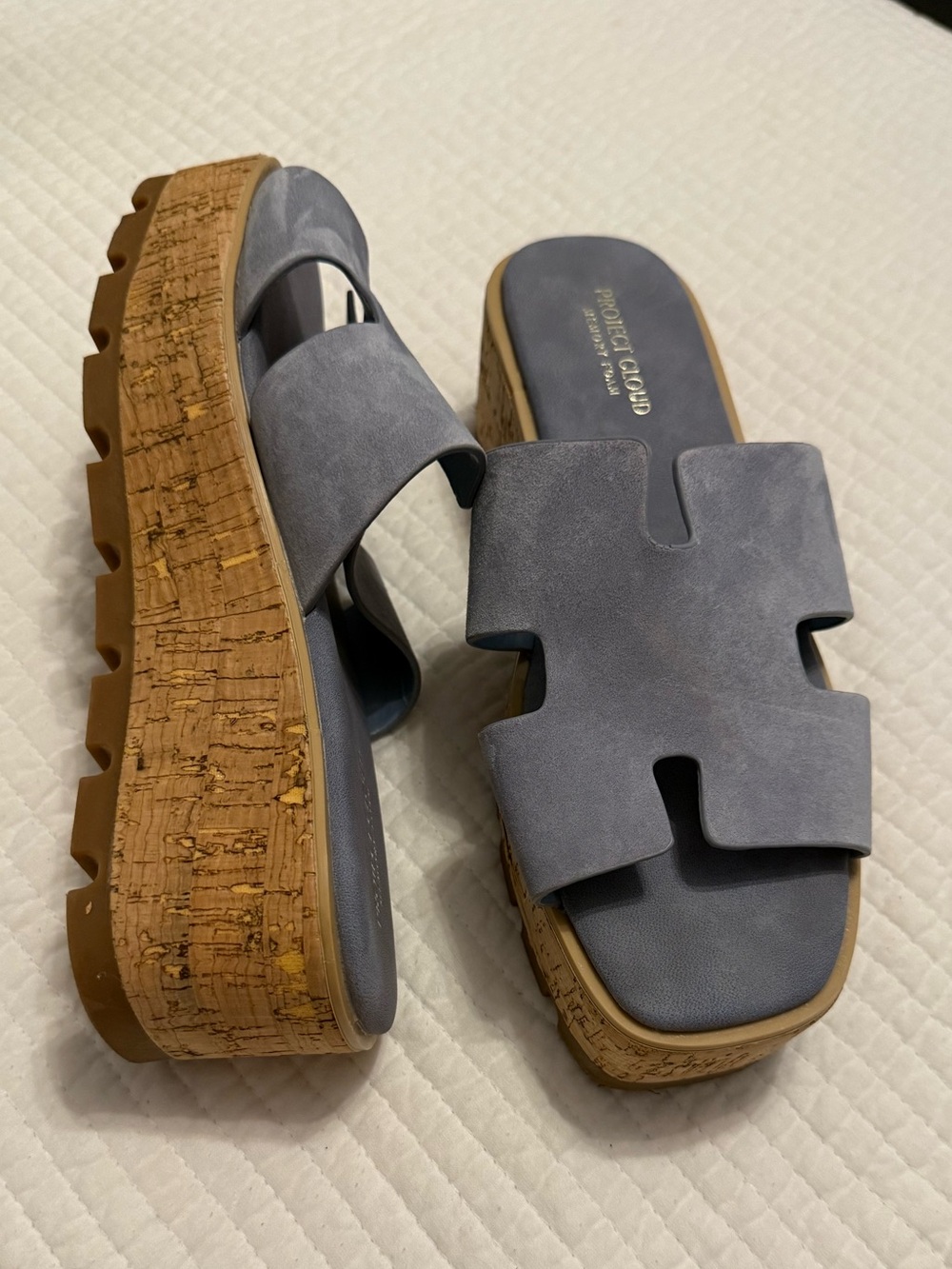 Cloud Project Blue Suede Cork Platform Slide Mules